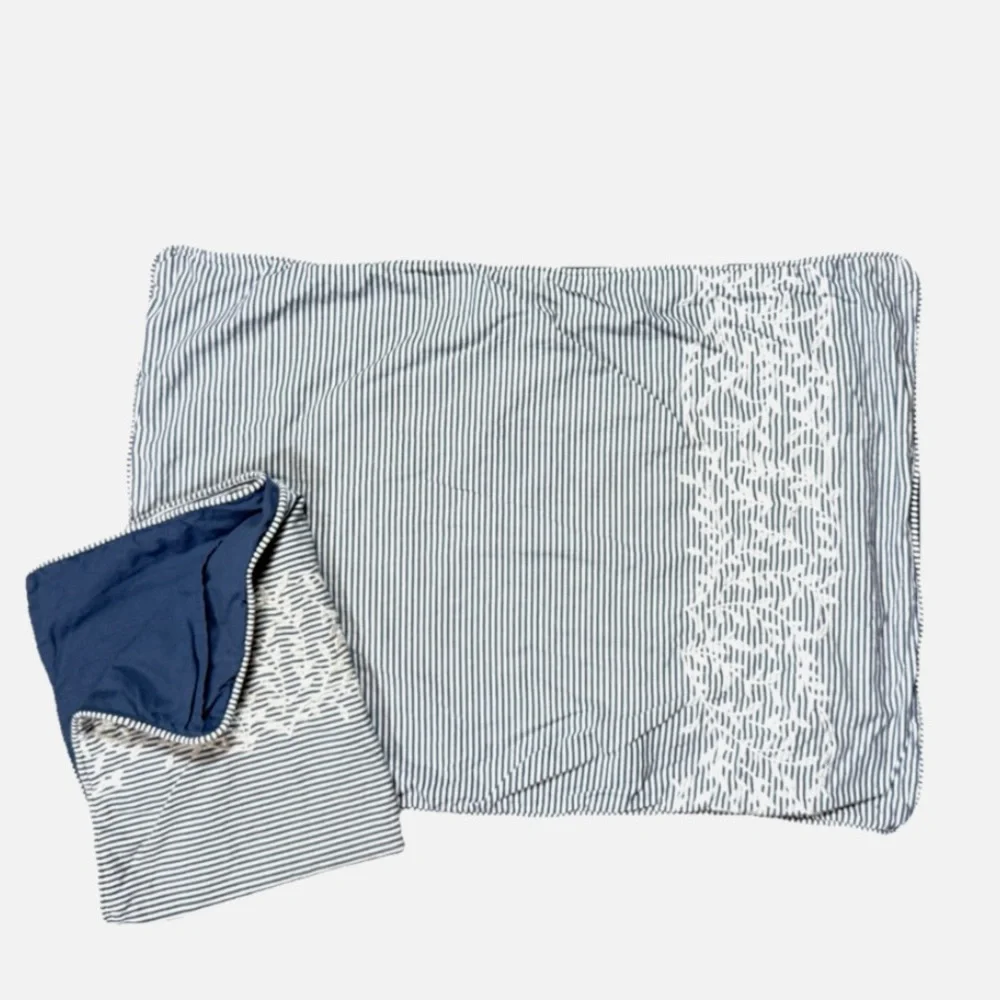 One Kings Lane Pair of Pillowcases Shams Blue Cream Stripe Cotton Embroidered